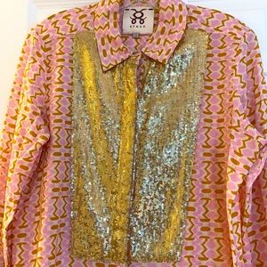 Figue Signature Tuxedo Shirt Top with gold sequined front| Size S